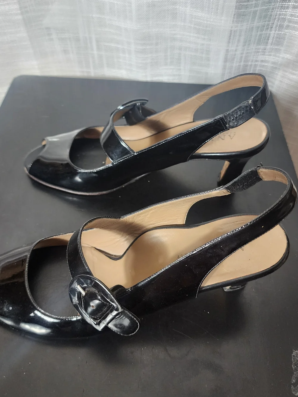 Anyi Lu Black Patent Slingback Peep-Toe Heels